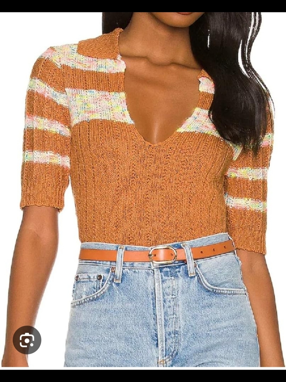 Free People Rust Orange Knit V-Neck Short Sleeve Top
